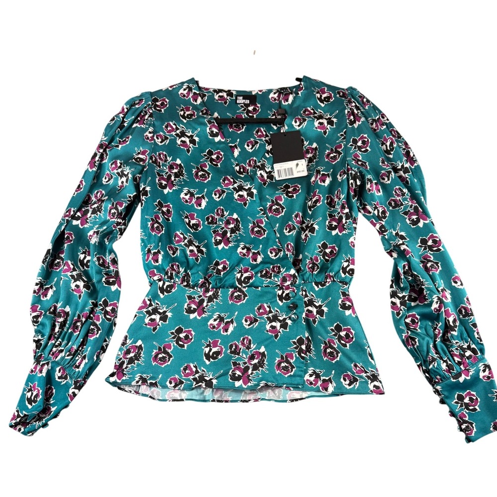 The Kooples Teal Floral‎ Puff Sleeve Peplum Blouse Top V-Neck Long Sleeve Sz S